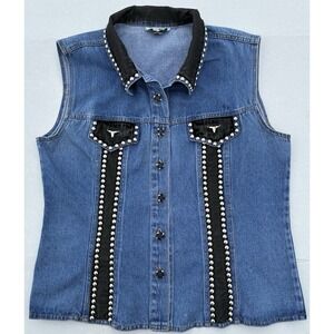 Womens Western Jean Vest Jacket Vintage Green Field Denim Made In USA Size XL